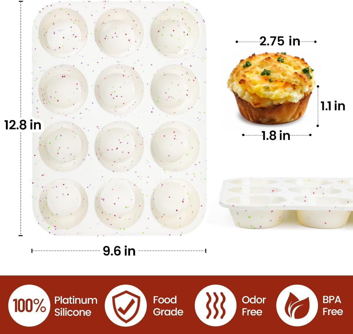 Silicone Muffin Pan, Regular Size Muffin Pan for Baking 12 Cups Non Stick Silicone Cupcake Pan 1 Pack Confetti