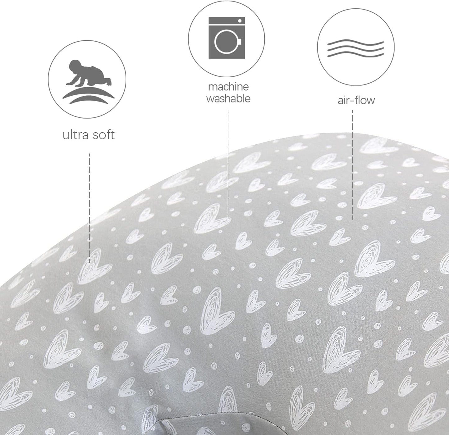 Pregnancy Pillow Cover U-Shaped, Super Soft Replacement Cover for Maternity Pillow, Full Body Asymmetric Pregnancy Pillow Case, Universal Fit, Grey Hearts Print