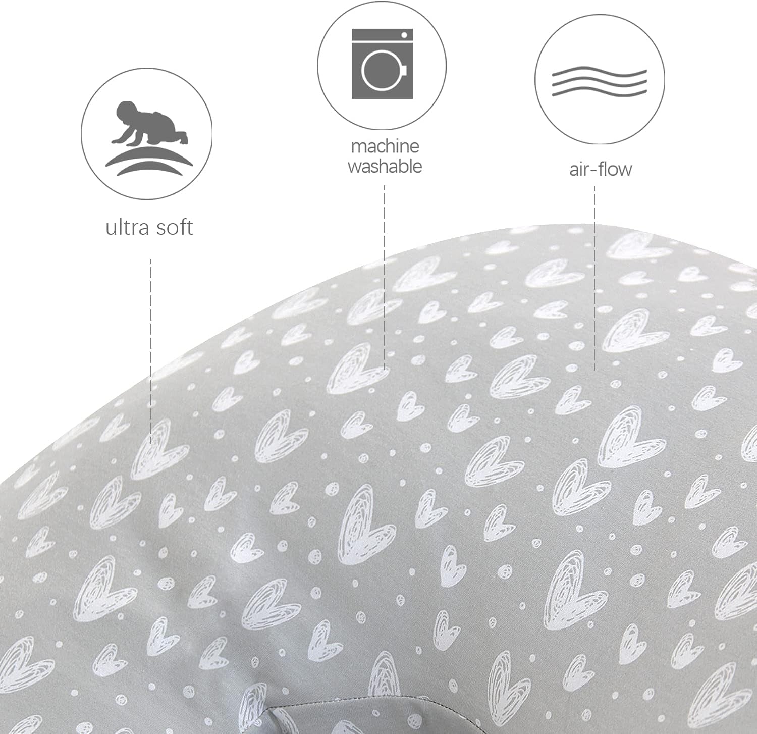 Pregnancy Pillow Cover U-Shaped, Super Soft Replacement Cover for Maternity Pillow, Full Body Asymmetric Pregnancy Pillow Case, Universal Fit, Grey Hearts Print