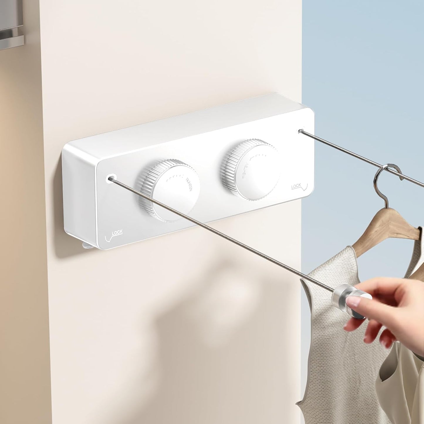 Retractable Clothesline Indoor, Non-Sagging Twin Clothes Line Retracting Outdoor Heavy Duty Clothes Drying Laundry Line Wall Mounted Stainless Steel Double Line-13.8 Ft(White)