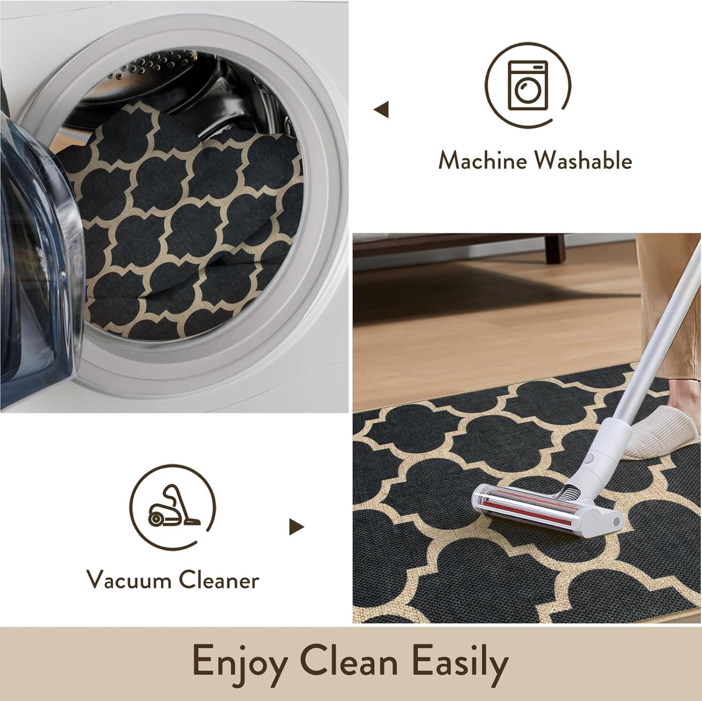Moroccan Easy Jute Outdoor Entryway Rug, 3X5 Black Washable Front Porch Rugs for Balcony Bedroom, Farmhouse Trellis Neutral Thin Non Slip Small Carpet for Indoor Living Room Backyard Entrance