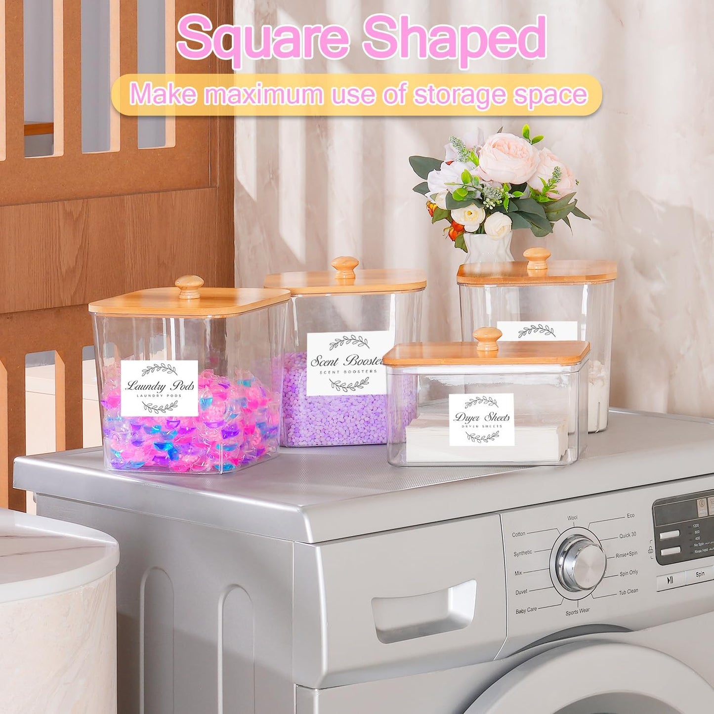 2 Pack Laundry Pods Container & Dryer Sheet Holder Set,Clear Laundry Room Organization Containers with Bamboo Lids and Labels,Laundry Pods Holder for Scent Booster,Powder,Pod