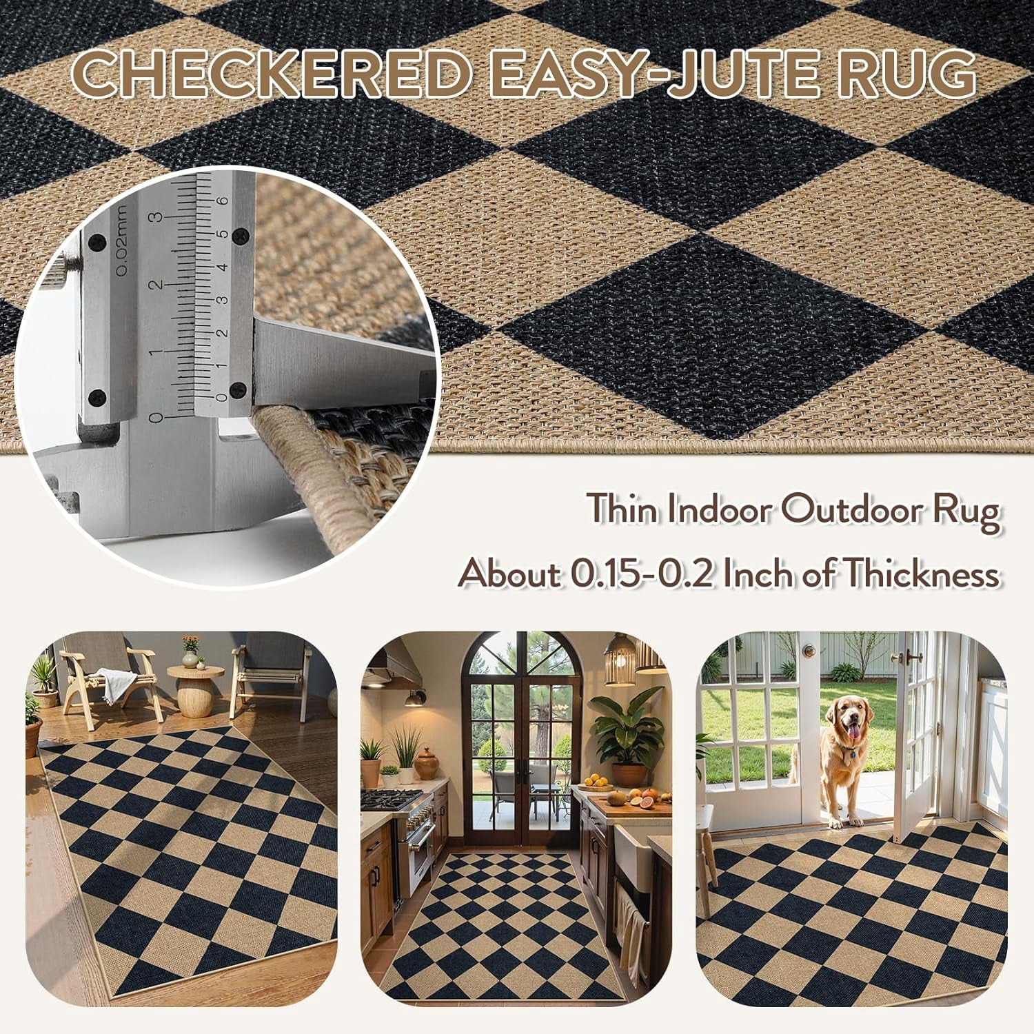 Checkered Easy Jute 3X5 Outdoor Patio Rug, Washable Rugs for Entryway Diamond Indoor Outdoor Living Room Carpet, Farmhouse Neutral Non Slip Black Door Carpet for Backyard Bedroom