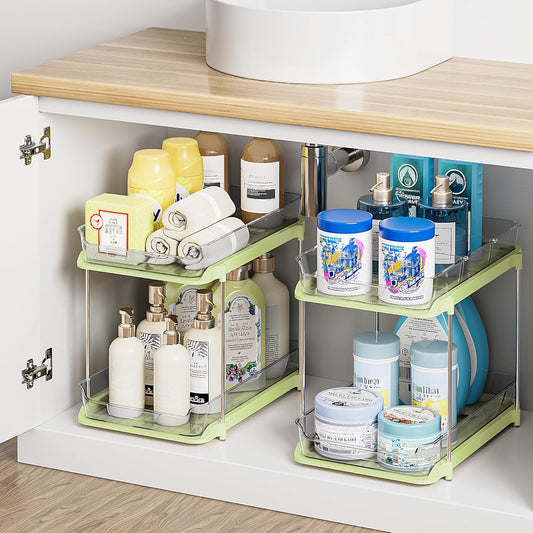 2 Sets of 2-Tier Multi-Purpose Bathroom under Sink Organizers and Storage, Stackable Kitchen Pantry Organization, Pull Out Medicine Cabinet Organizer with 8 Movable Dividers, Green