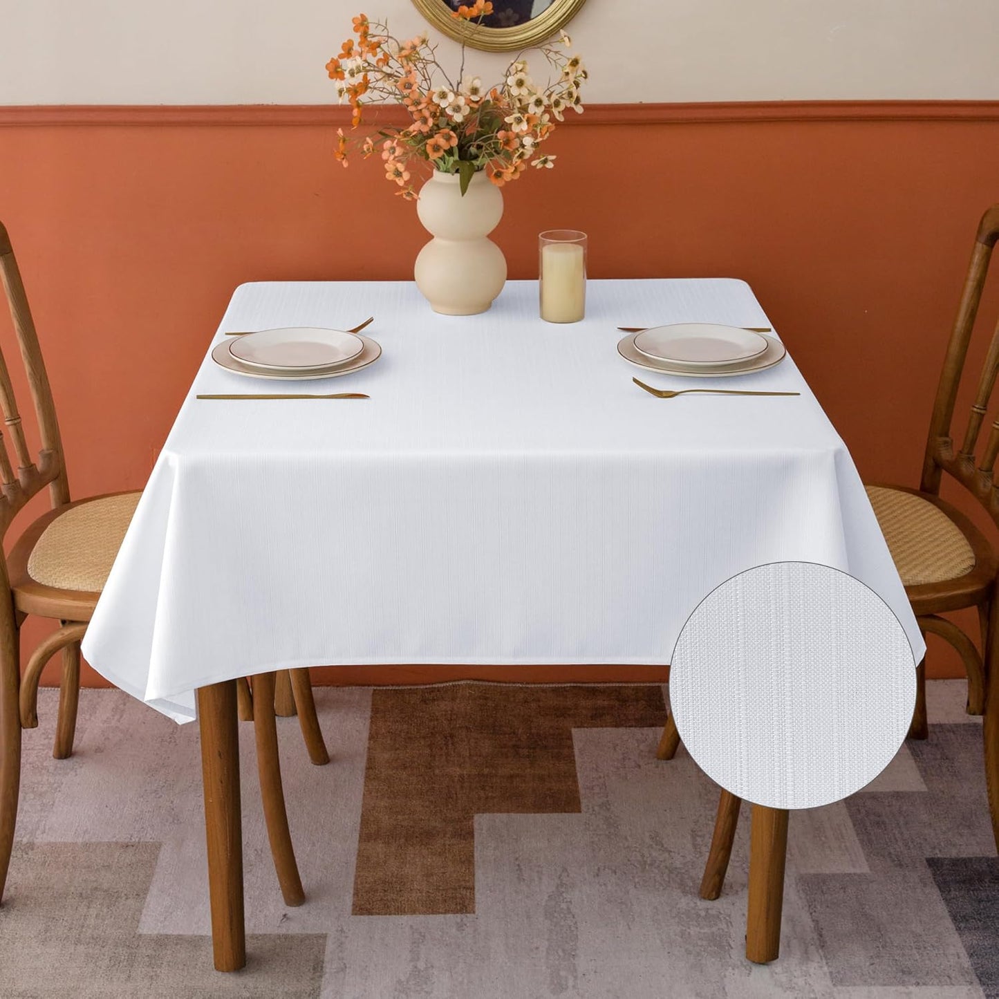 White Stripe Textured Tablecloth Set, 2 Pack - 54 x 54 Inches - Stain-Resistant and Washable Square Table Covers for Events, Banquets, and Weddings