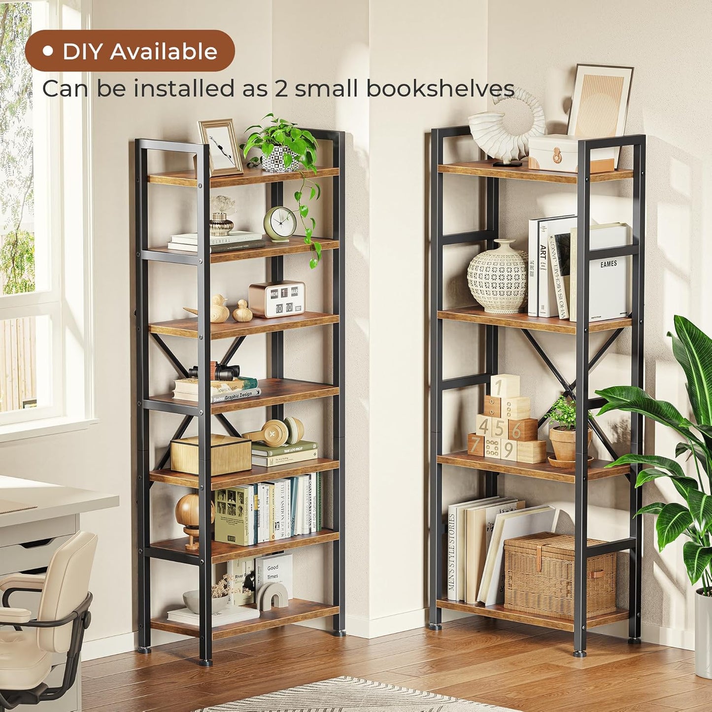 Triple 4-Tier Bookshelf with 11 Open Display Shelves - Wide Bookcase for Home and Office in Rustic Brown Finish