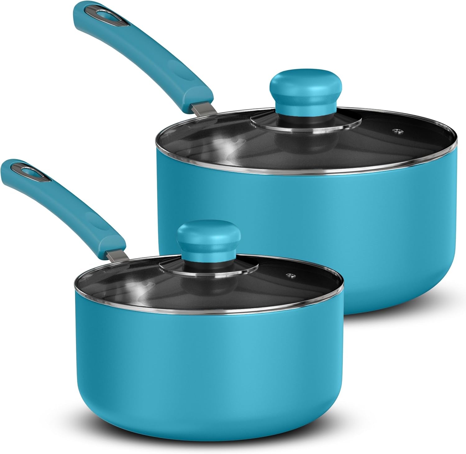 Nonstick Stock Pot Saucepan Set with Lids, 1 Quart and 2 Quarts Multipurpose Stock Pots Set for Home, Kitchen or Restaurant, Turquoise & Black