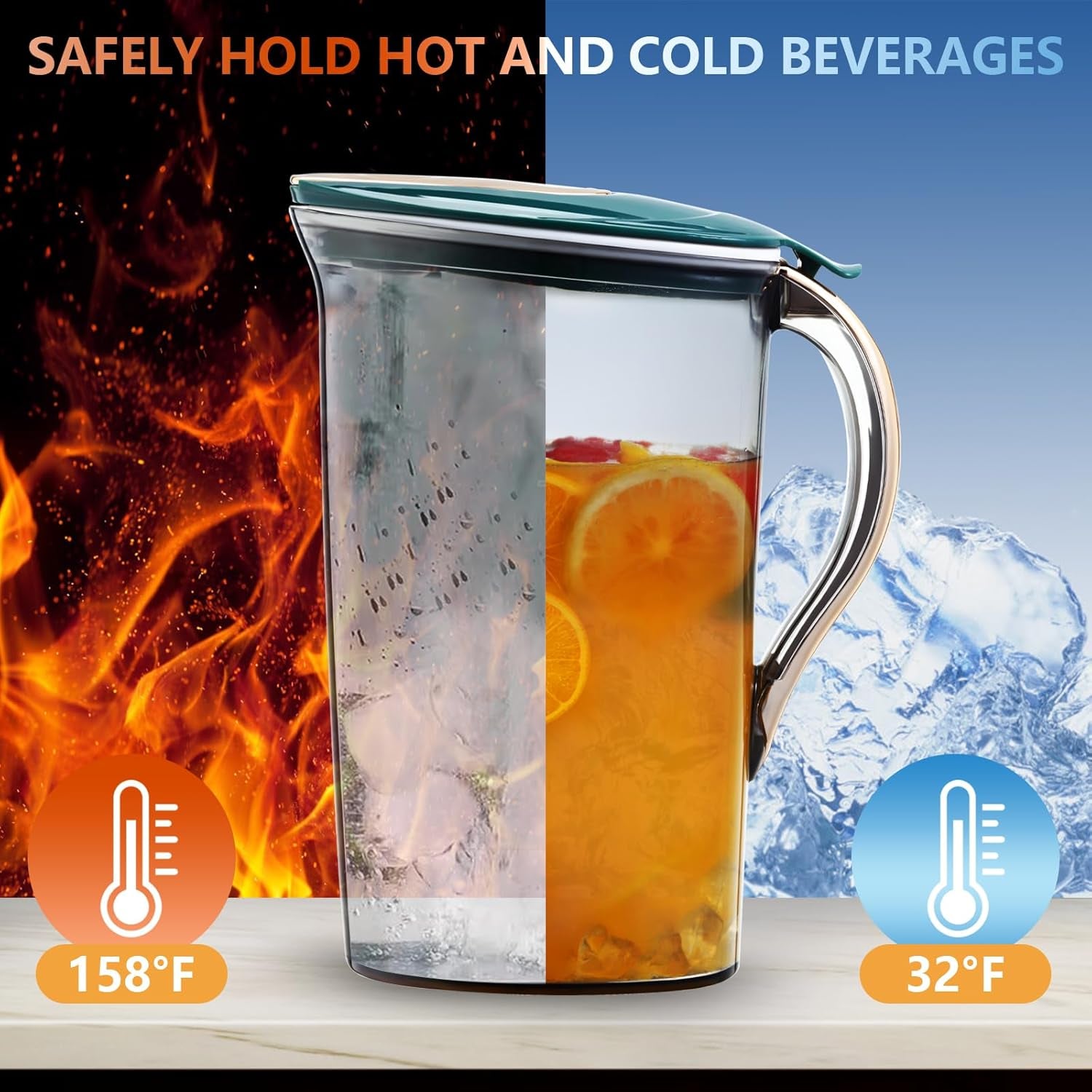 2.1 Liter/70.6 Oz Plastic Water Pitcher with Lid - Iced Tea Pitcher for Fridge and 4 Cups, BPA Free, Shatterproof, Great for Iced Tea, Lemonade, Juice, Green