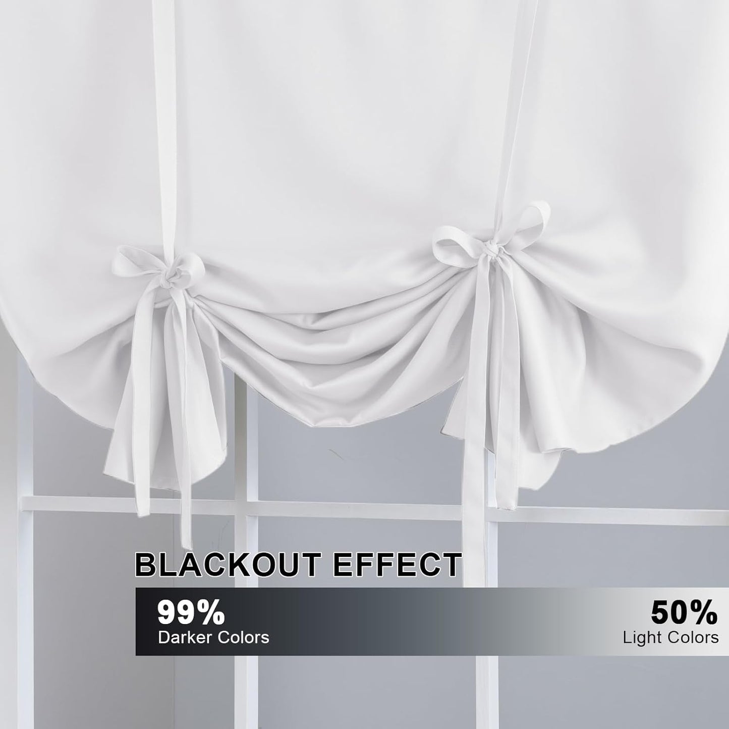 Pure White Curtain Thermal Insulated Tie up Window Shade Light Blocking Curtains for Bathroom, Rod Pocket Panel- 42In Wide by 63In Long