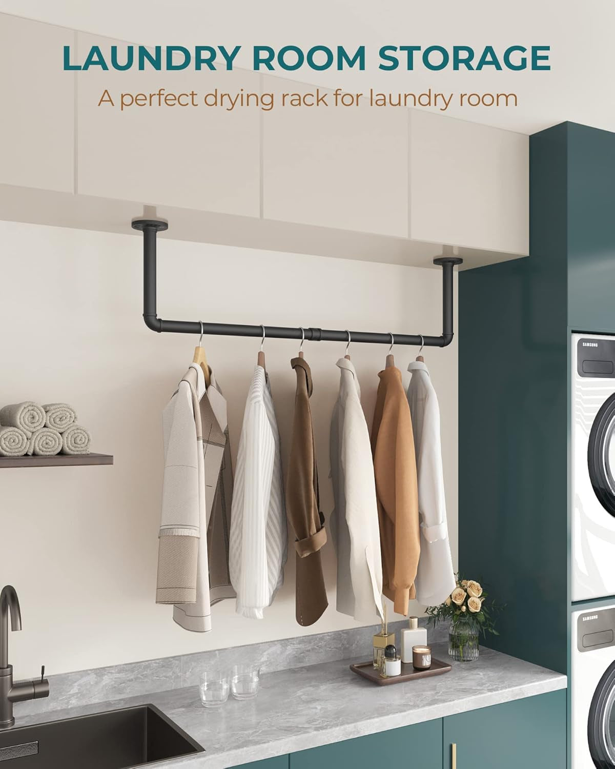 Industrial Pipe Clothes Rack Wall Mounted Set of 2, 38.4 Inches Heavy Duty Iron Pipe Clothing Garment Rail, Multi-Purpose Clothing Hanging Rod for Laundry Room and Closet Storage