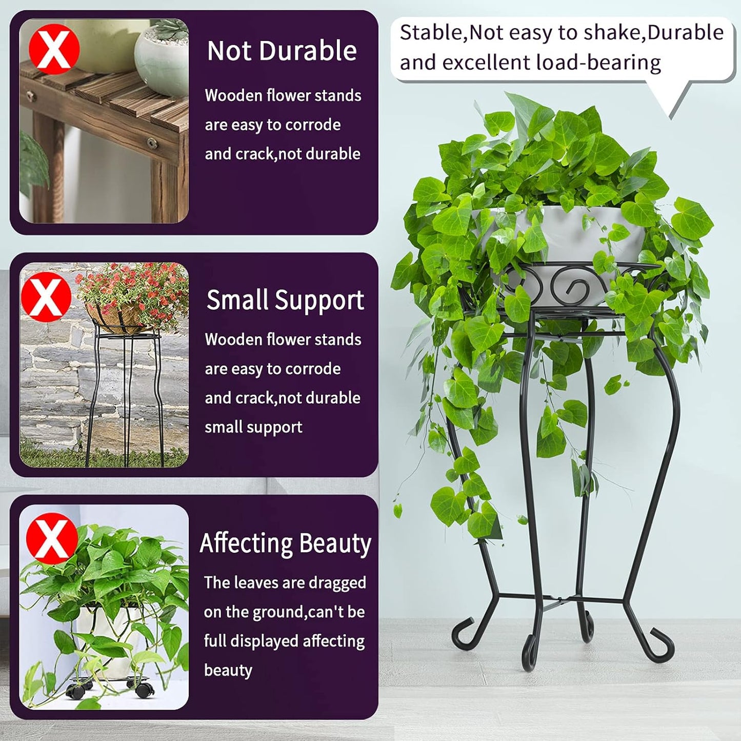 Tall Plant Stand Indoor Outdoor, 200LB Hold up Metal Flower Plant Stand, Heavy Duty Rustproof Iron Plant Supports for Patio or Garden,Living Room, 12.5 X 23.6 Inches, Black