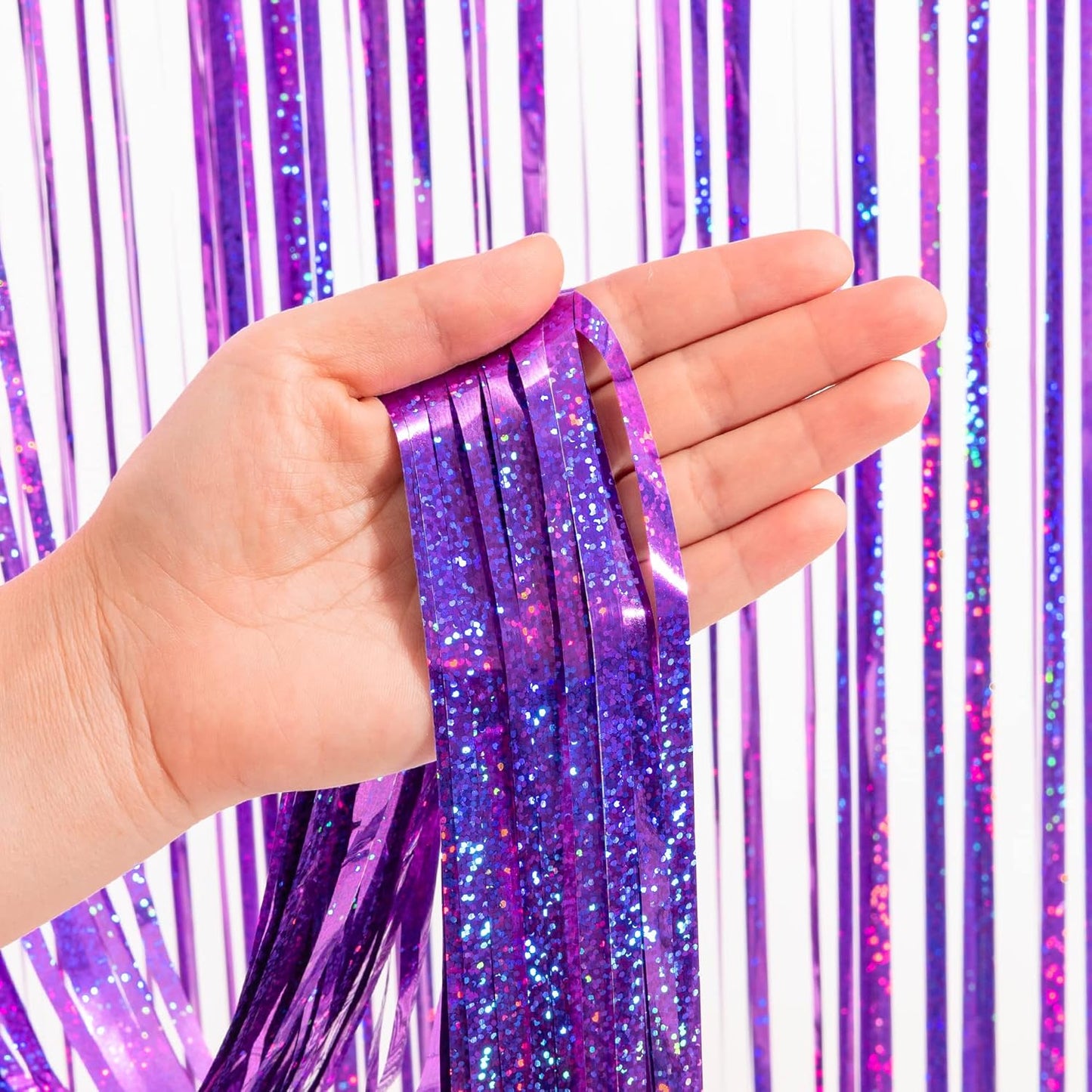 Purple and Black Tinsel Foil Fringe Curtain 3.2Ft X 8.2Ft X 4 Packs for Black Party Supplies Backdrop