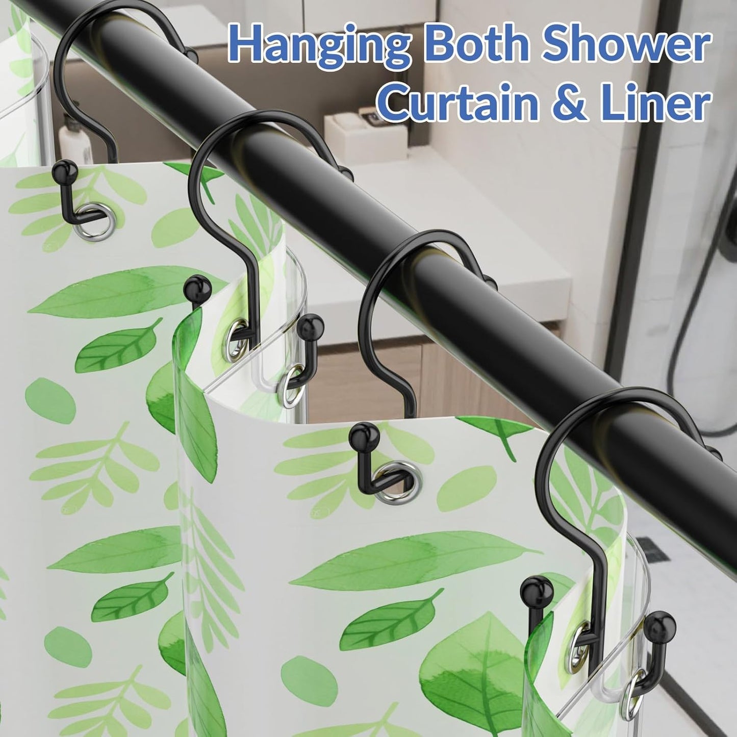 Shower Curtain Hooks, Black Shower Curtain Hooks Rust Proof, Anti-Drop Metal Shower Curtain Rings Hooks, Double Shower Hooks for Shower Curtain, Shower Rings for Curtain & Liner, Black-12 Pcs