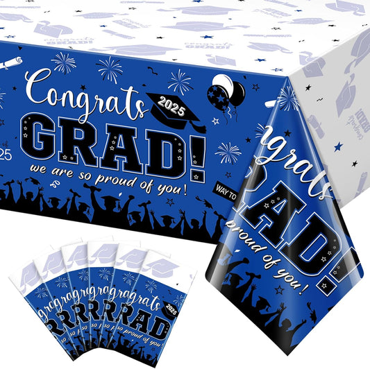 6 Pack Graduation Tablecloth Party Decorations, Class of 2025 Congrats Grad Plastic Tablecover Party Supplies, Blue Rectangle Graduation Table Decorations for College High School Party, 54 X 108 Inch
