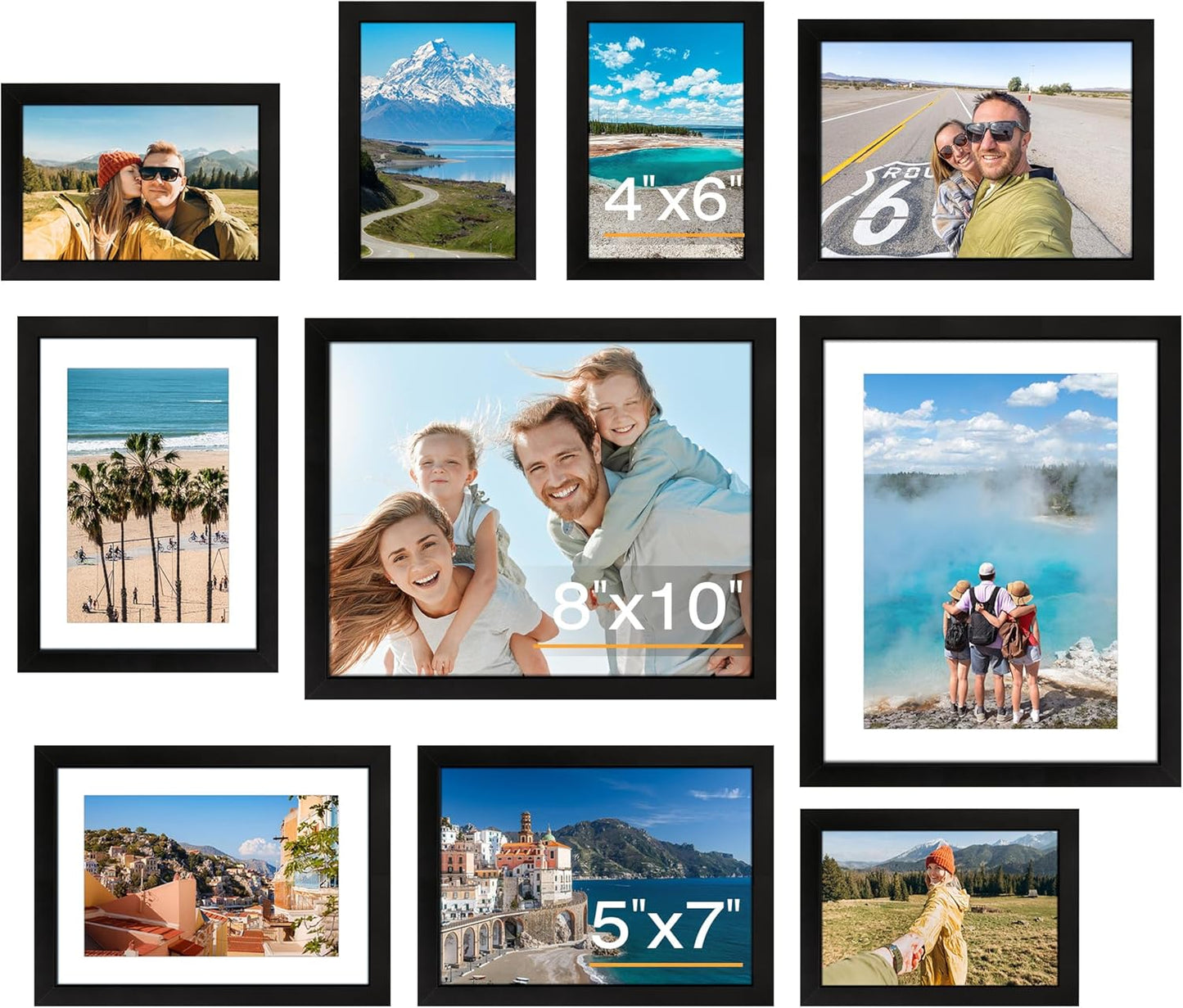 10 Pack Picture Frames Collage Wall Decor for Mounting or Tabletop Display, Gallery Wall Frame Set with Two 8X10 Black Frames, Four 5X7 Frames and Four 4X6 Frames, Multi-Pack Photo Frame Set