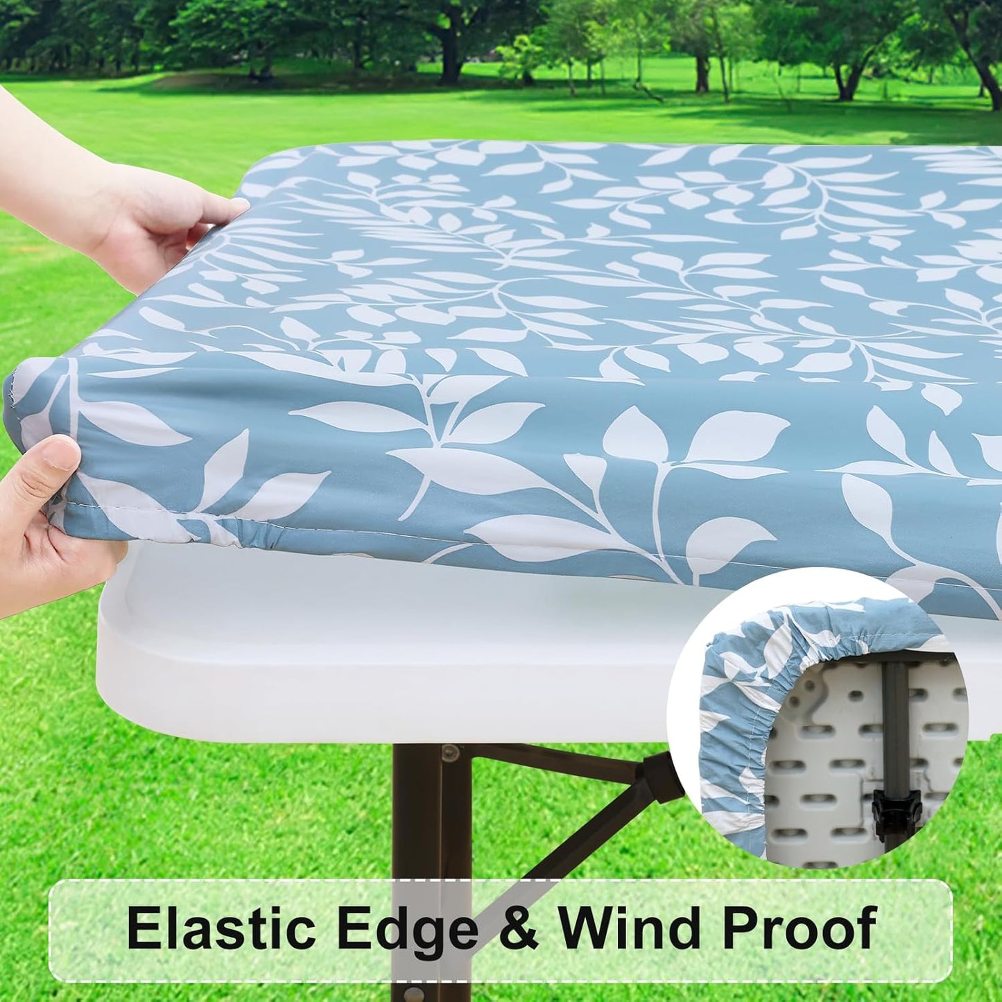 Rectangle Vinyl Tablecloth, Fitted Table Cover, 100% Waterproof, Elastic Edge, Flannel Backing, Plastic Table Cloth Fit 4 Foot Folding Tables for Picnic, Outdoor (Blue Leaves, 24X48 Inch)