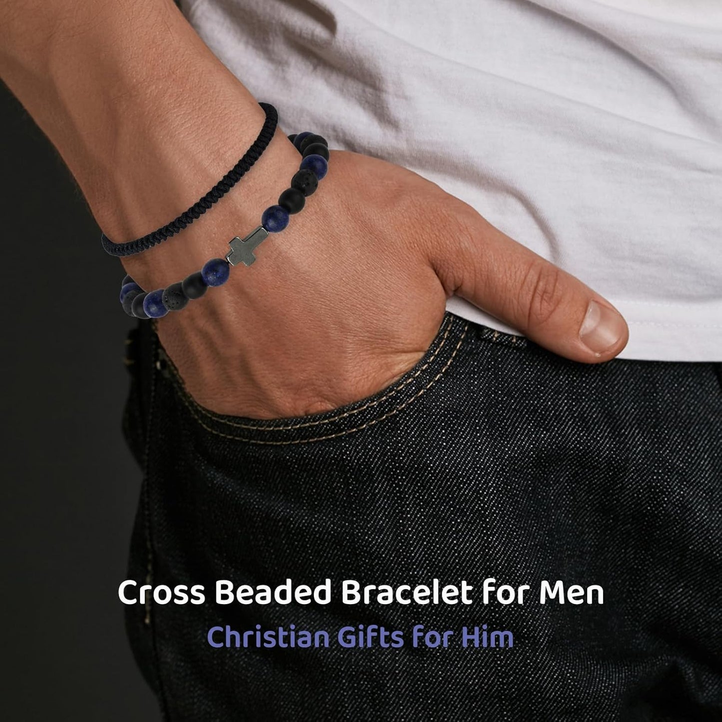 Cross Communion Beads Bracelets Gifts for Teenage Boys, Christian Baptism Lapis Lazuli Bracelets Gifts for Grandson Son Brother Cousin Teens Friends