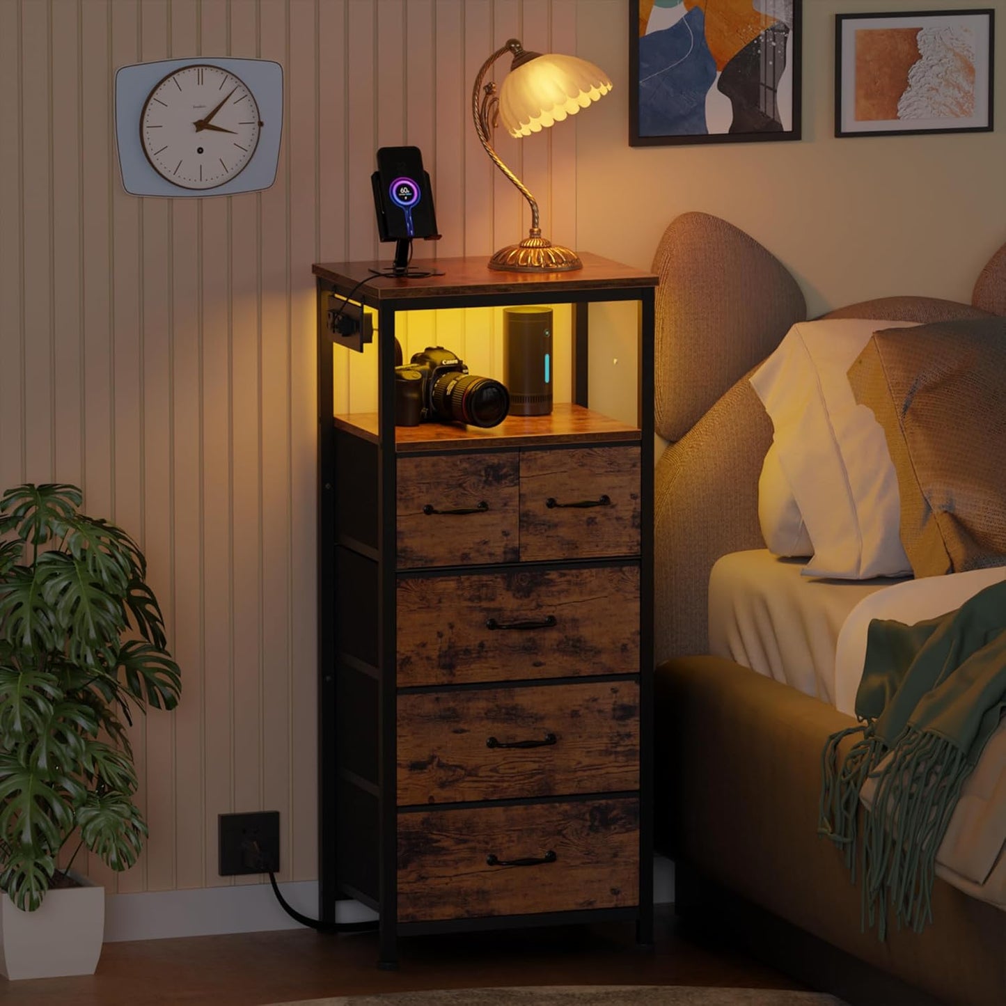 Rustic Brown Vertical Chest with Wood Top, Charging Station, LED Lights, and 5 Fabric Bins - Multifunctional Dresser and Nightstand for Bedroom and Entryway