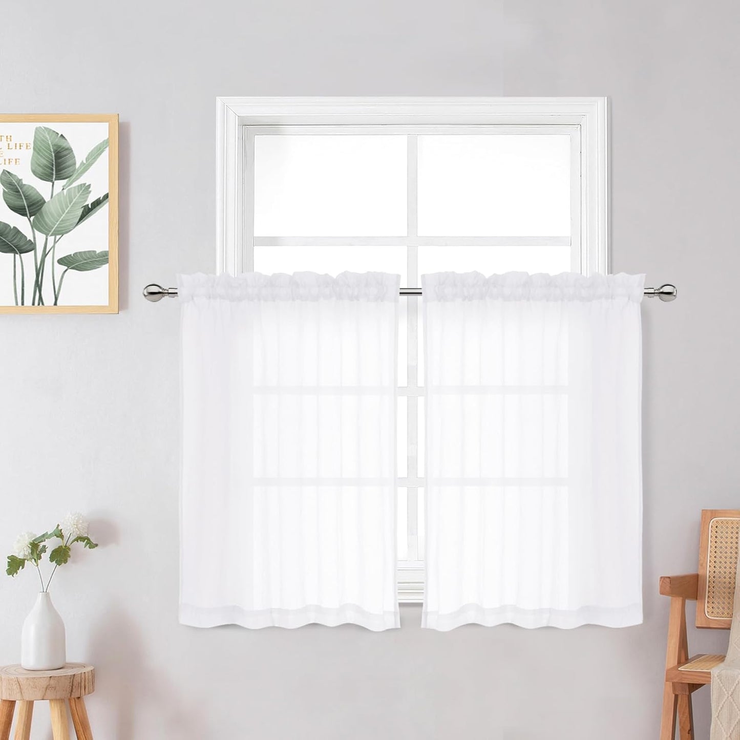 Crushed White Sheer Cafe Curtains 36 Inch Length 2 Panels, Light Filtering Crinkle Voile Bedroom Living Room Short Curtains, Each 42Wx36L Inches