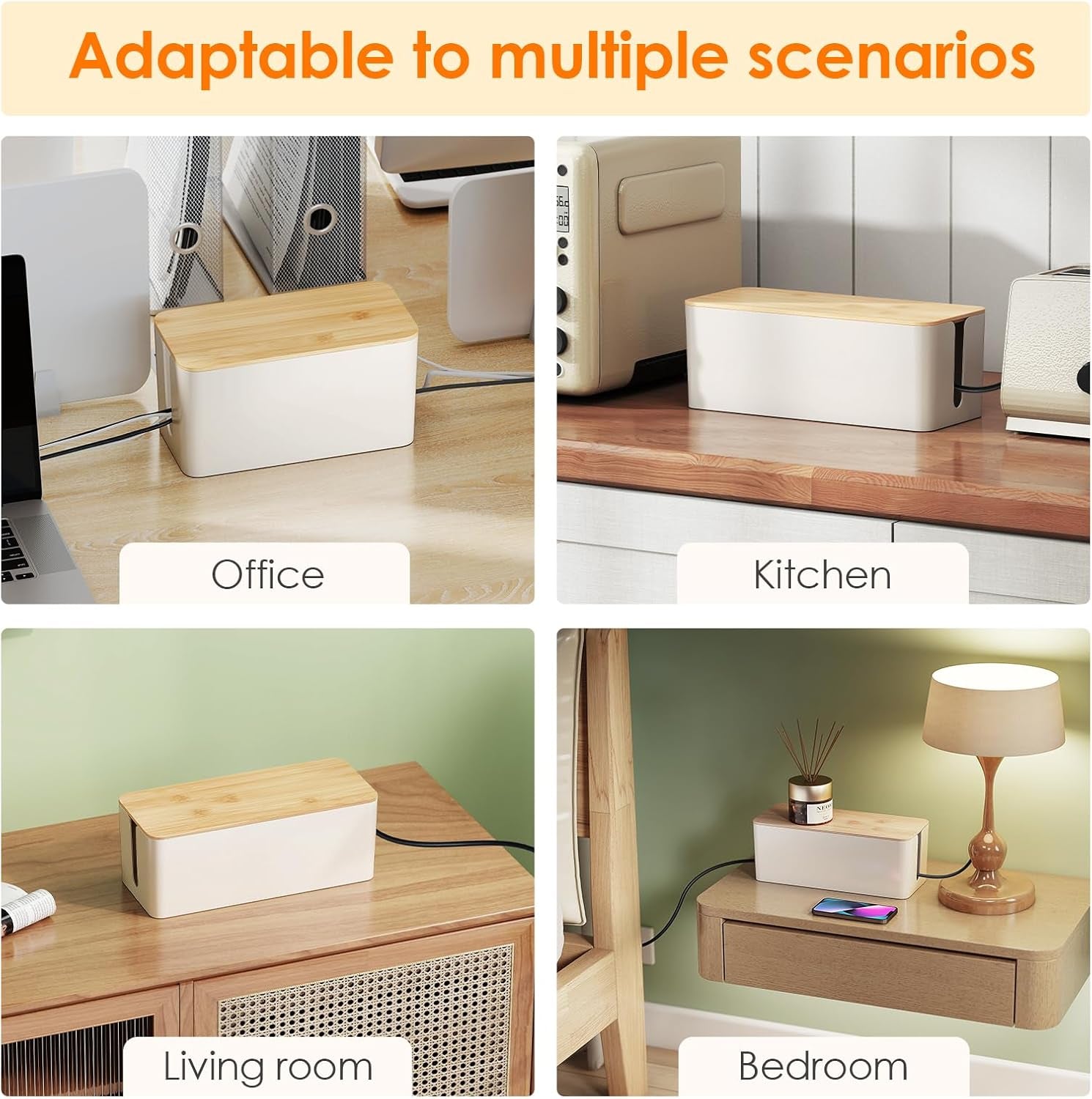 2 Pack Cable Management Box, Safe ABS Wood Grain Desk Medium and Small Cord Organizer, Baby-Pet Proof Lock under Desk Cover Hidden for USB Hub TV Wires Computer Desks and Power Strips