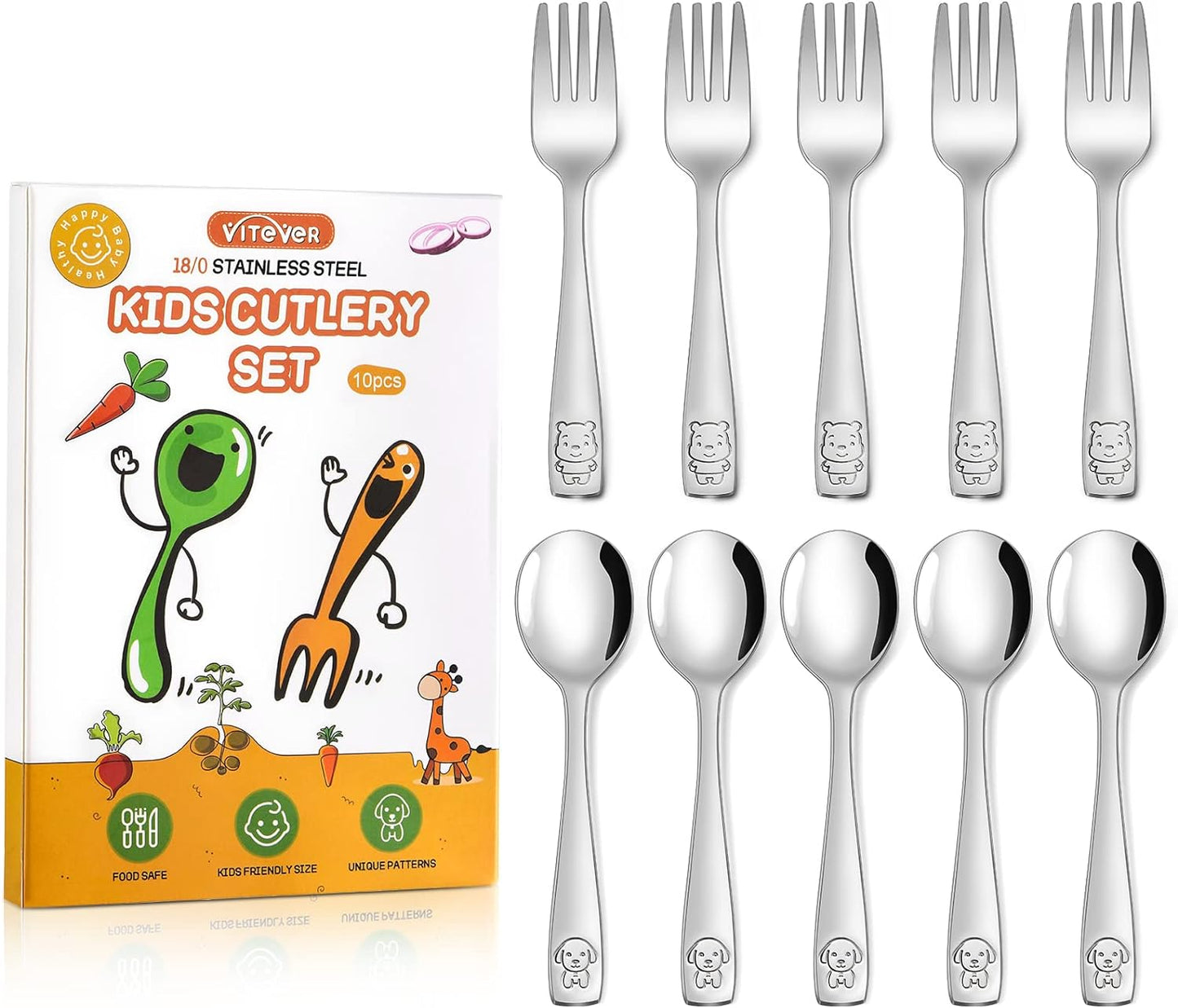 10-Piece Toddler Utensils, Kids Stainless Steel Silverware Set, Children Safe Forks and Spoons - Mirror Polished, Dishwasher Safe