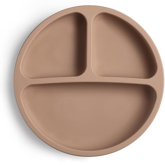 Suction Plate with Lid for Toddler, Baby & Kid, 100% Food-Grade Silicone, Divided Design, Microwave & Dishwasher Safe - Natural