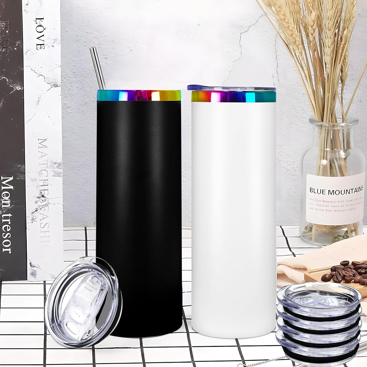 20Oz Skinny Tumbler Replacement Lids 2 Pack,Spill Proof Splash Resistant Silicone Sliding Covers,Straw Friendly, BPA Free