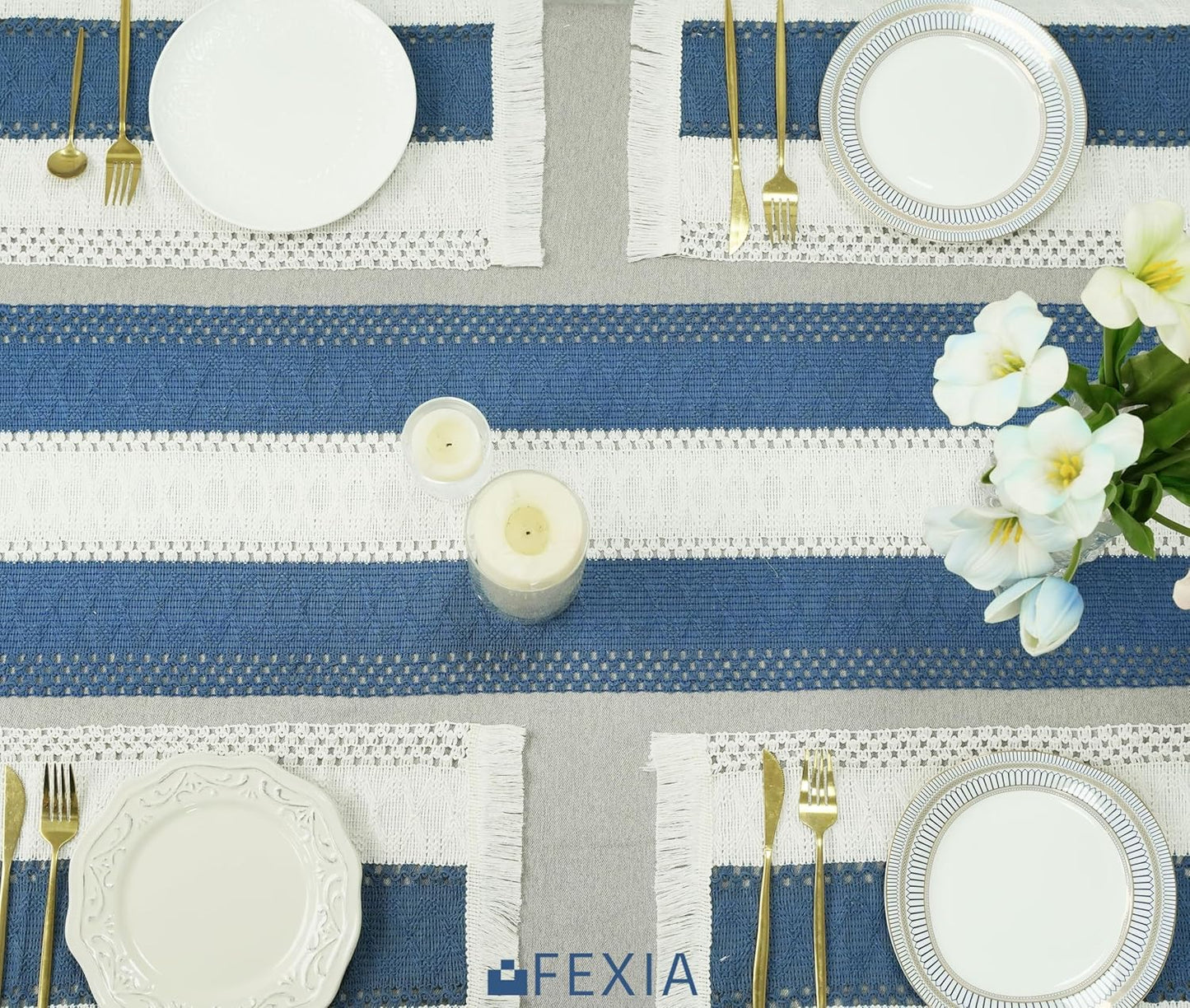 Blue Boho Placemats Set of 4, Macrame Table Decor and Farmhouse Style Placemats Natural Cotton Burlap, for Dining Table, Blue