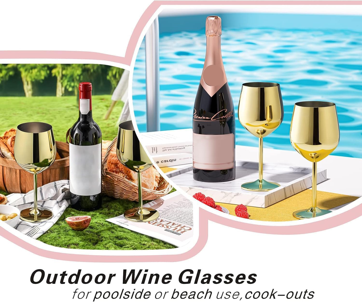 Gold Wine Glasses Set of 4, 18Oz Unbreakable Gold Goblet, Stainless Steel Wine Glass, Metal Wine Glass for Outdoor, Travel, Camping, Pool, Ideal Gift for Wine Lovers