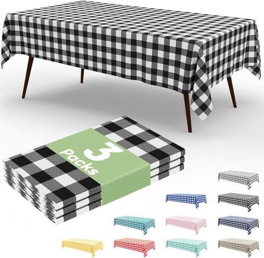 3 Packs Buffalo Disposable Table Cloth, 54 X 108 Inch Waterproof Plastic Tablecloth, Rectangle Black and White Checkered Table Covers for Picnic, Birthday, Party