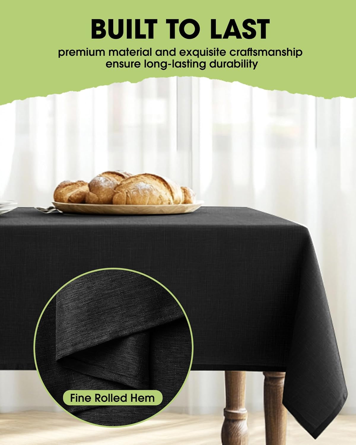 Rectangle Linen Tablecloth Waterproof & Stain Resistant, Wrinkle-Free Table Cloth Adds Elegance and Protection, Ideal for Dining, Party, Wedding and Outdoor, 52 X 70 Inch, Black