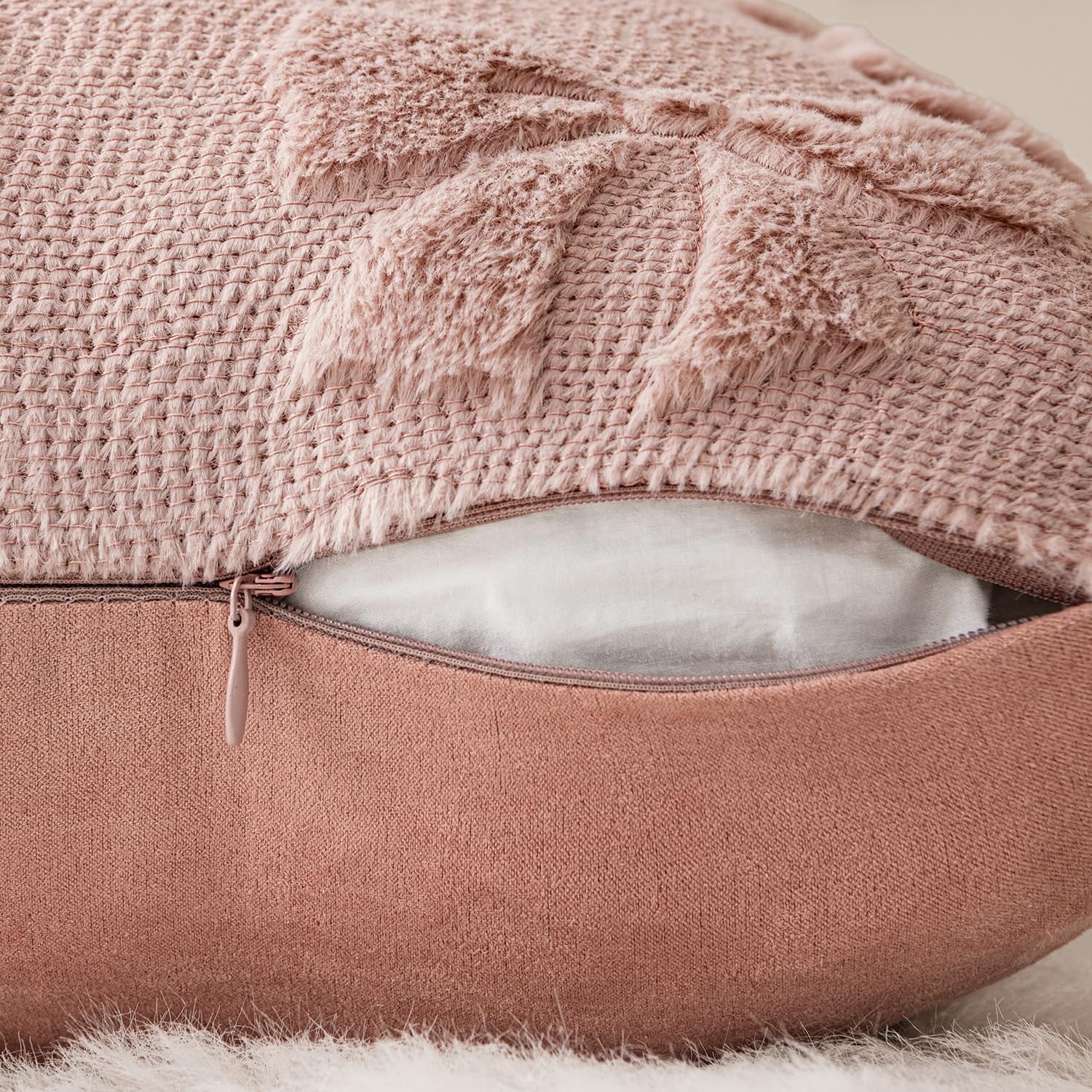 Blush Pink Bow Pillow Covers - Set of 2 Soft Plush Decorative Pillowcases for Aesthetic Room Decor, 18x18 Inches