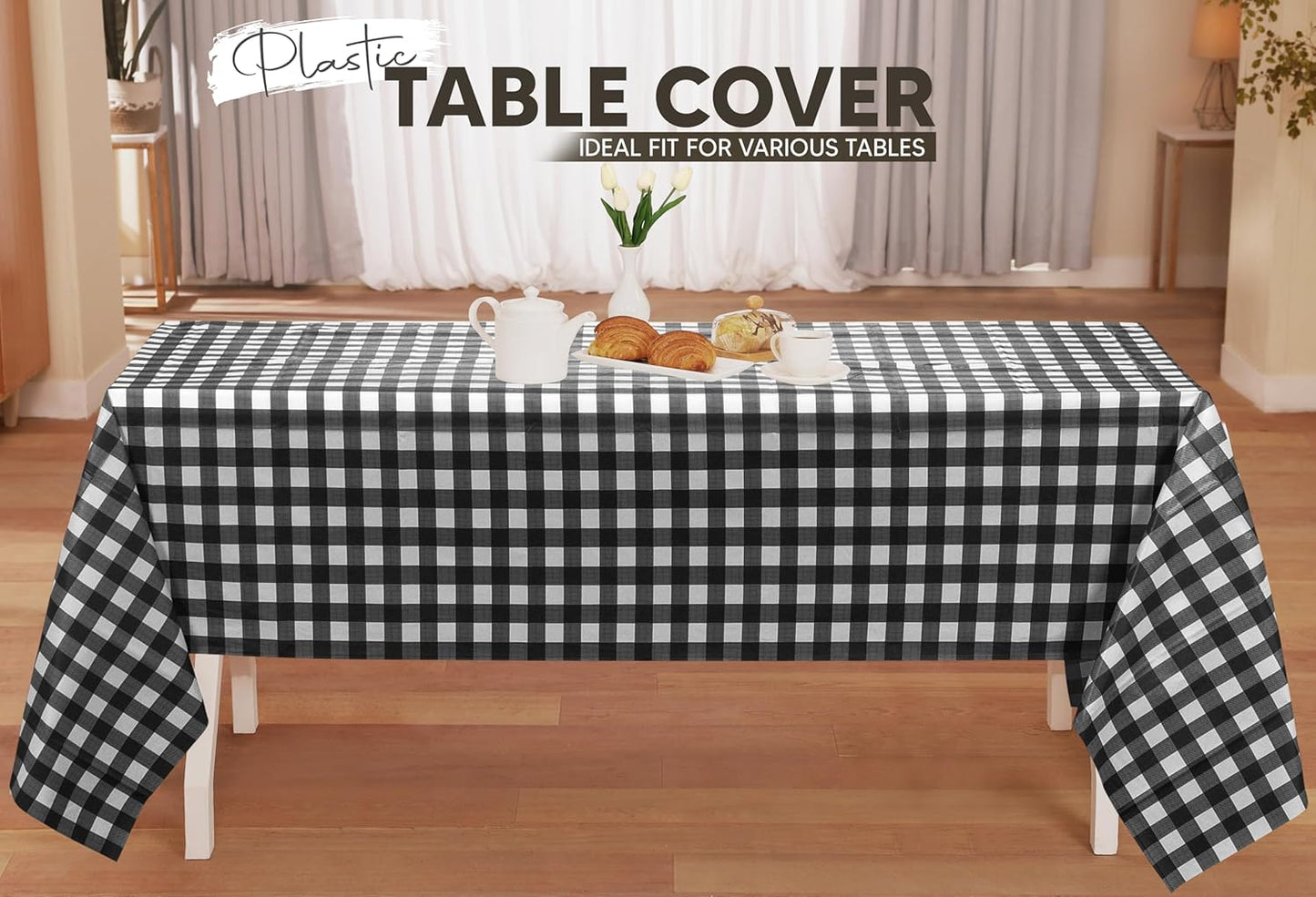 Plastic Table Cloth Disposable (12 Pack - 54X108 Inch) Black Check Rectangle Tablecloth Waterproof Stain Resistant Party Table Cover