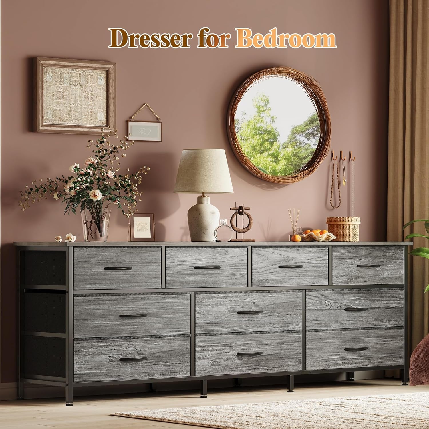 63-Inch Bedroom Dresser with 10 Fabric Drawers, Versatile TV Stand for 55 to 70 Inch TVs, Grey Toy Storage Organizer for Closets