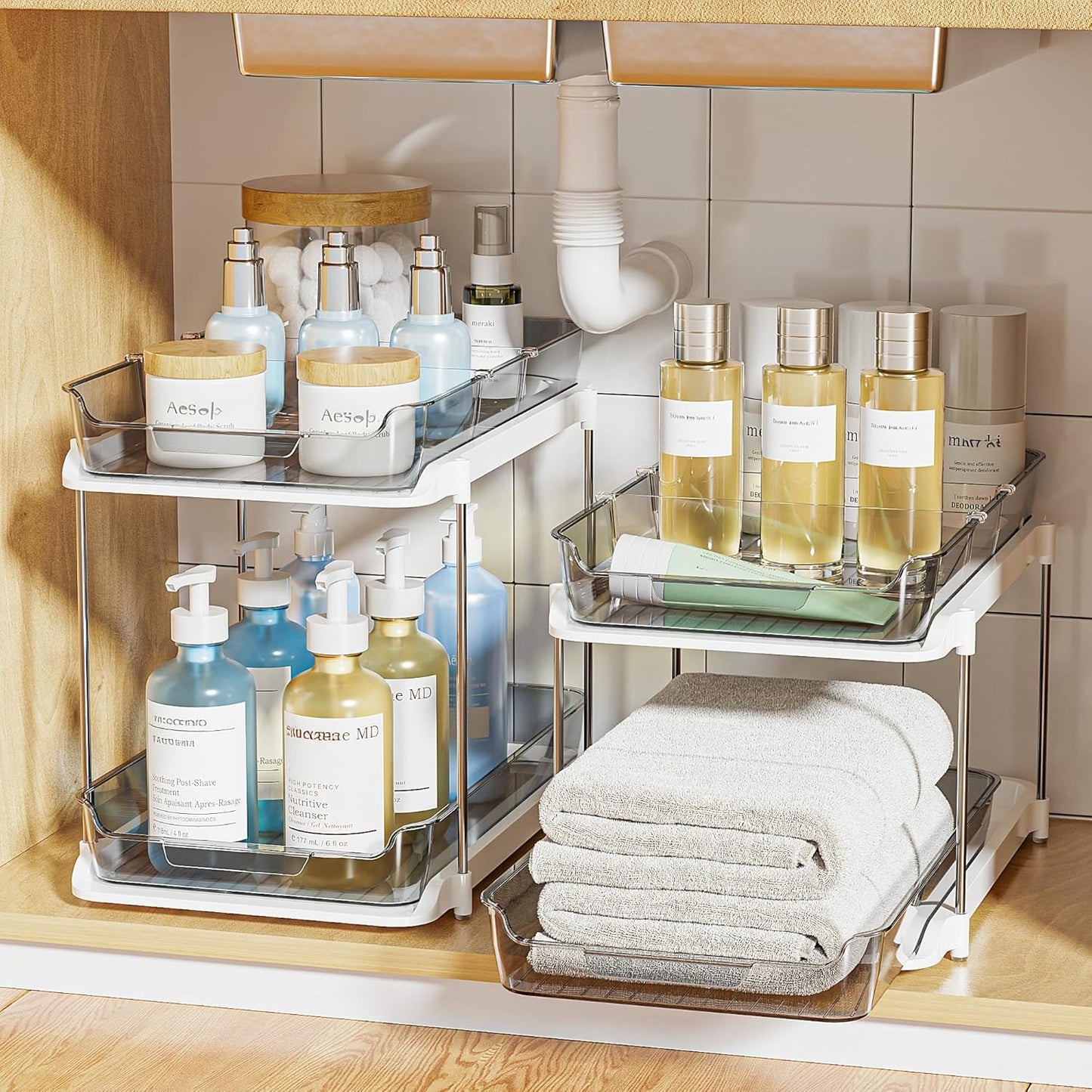 2 Sets of 2-Tier Multi-Purpose Bathroom Cabinet under Sink Organizers and Storage, Stackable Kitchen Pantry Organization and Storage, Grey