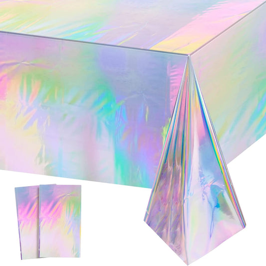 2 Pack Iridescence Plastic Tablecloths Shiny Disposable Laser Rectangle Table Covers Holographic Foil Tablecloth Iridescent Party Decoration Birthday Bridal Wedding Christmas 54" X 108"(Laser)