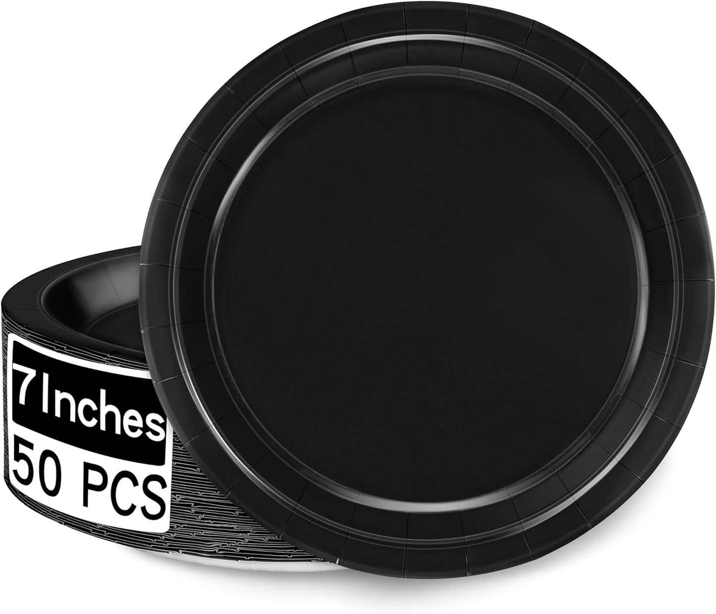 50 Count Black 7 Inch round Paper Plates, Heavy Duty Disposable Dinnerware for Parties, Weddings, Bbqs, Birthdays, Picnics