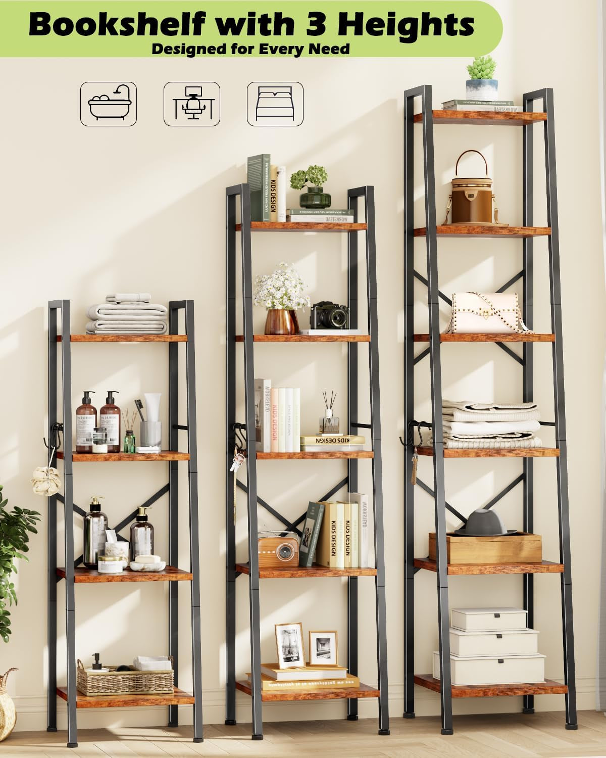 5 Tier Ladder Shelf Bookcase, Tall Narrow Bookshelf with 2 Hooks, Rustic Brown Bathroom Corner Book Shelf, Metal Wood Book Case Standing Unit, Display Shelf for Living Room Office Kitchen