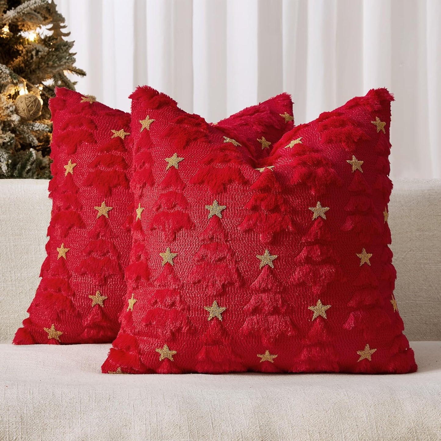 Christmas Pillow Covers 18X18 Inch Set of 2, Red Christmas Tree Plush Faux Fur Pillowcases Soft Decorative Throw Pillow Cases for Couch Sofa Living Room Winter Xmas Holiday Home Decor