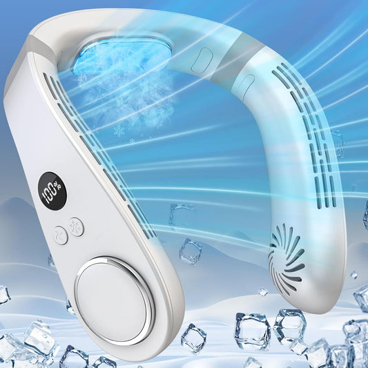 Neck Fans That Blow Cold Air Rechargeable,Neck Fan Air Conditioner Personal Cooling Device,Portable Battery Powered Silent Headphones round Leafless Necklace AC Fan for Women Men Adults Kids White