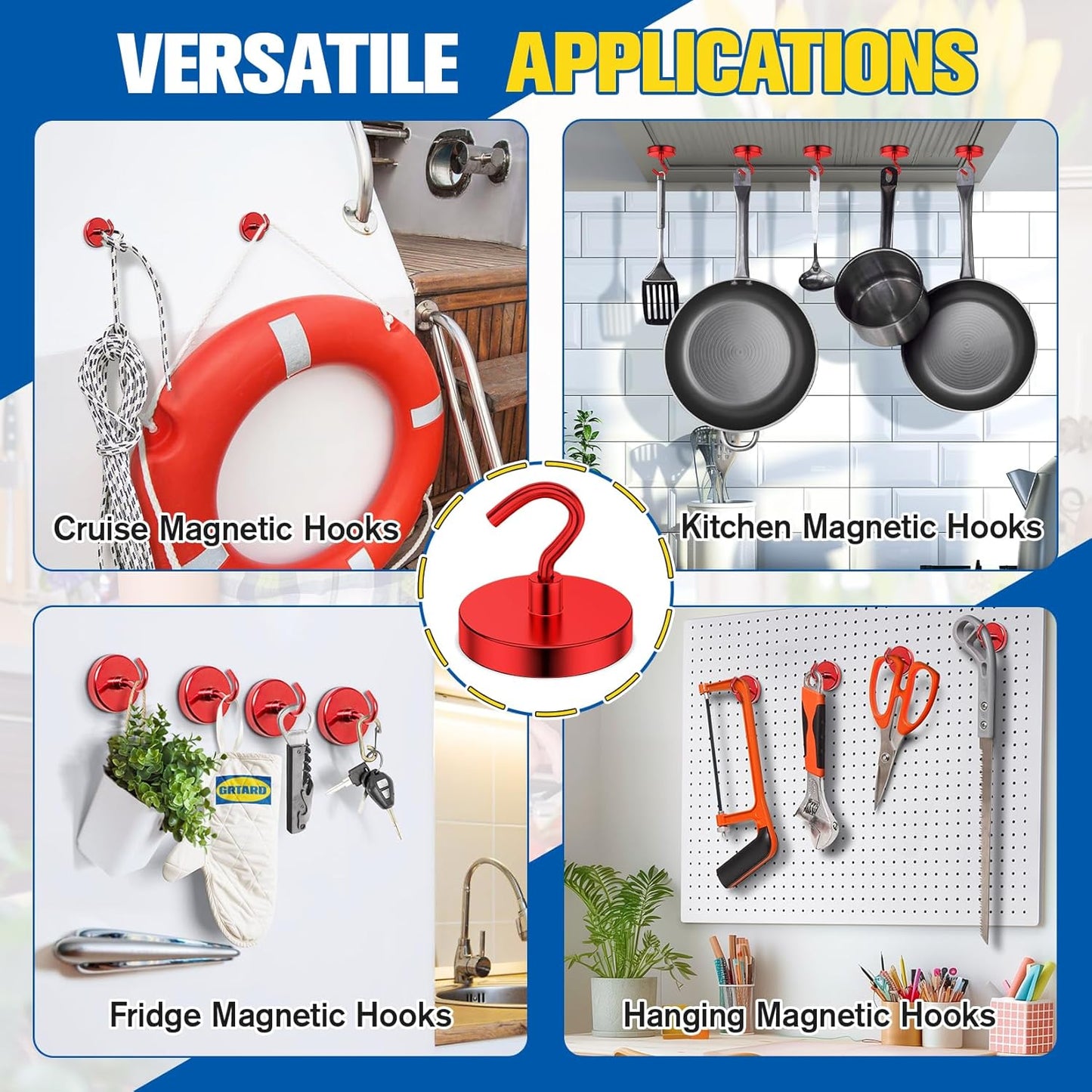 2 Pack Magnetic Hooks Heavy Duty, 110LBS Neodymium Magnet Hooks for Cruise Cabin, Strong Magnetic Hooks for Hanging, Magnets with Hooks for Home, Kitchen, Workplace, Bathroom(Red)