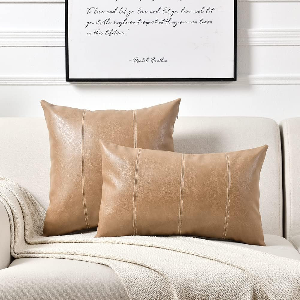 Tan Lumbar Waterproof Faux Leather Decorative Throw Pillow Covers 12X20 Inch for Living Room Couch Bed, Beige Hand Stitched Cushion Case 30X50 Cm, Taupe Modern Farmhouse Home Décor