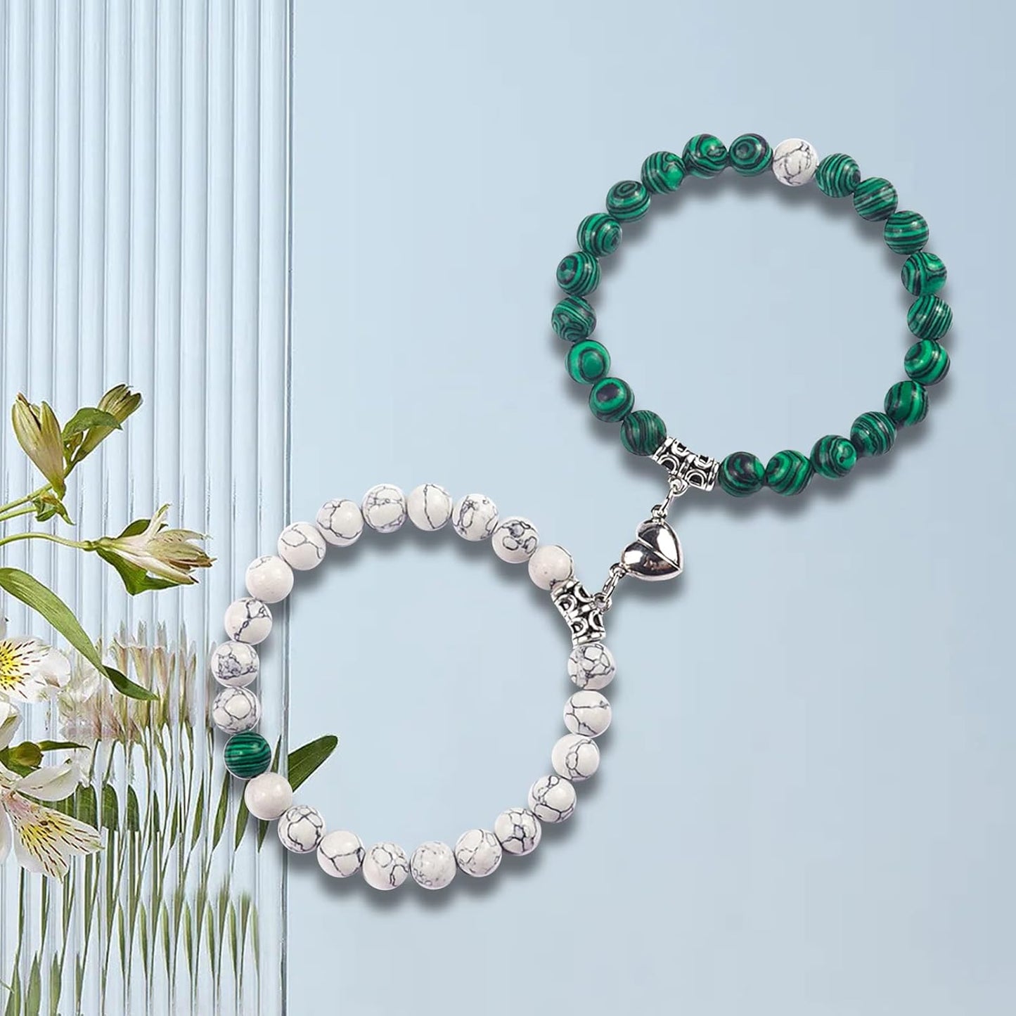 Valentine'S Day 2 Pieces of Magnetic Suction Love Set Bracelet, Natural Stone Bead Bracelet Set, Boyfriend and Girlfriend Long Handmade Bracelet Jewelry Gift (Wait)