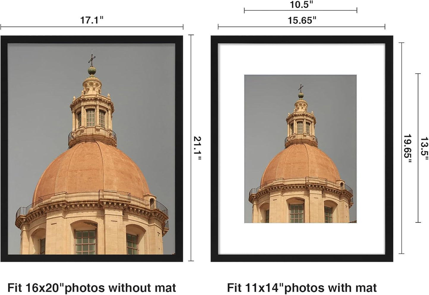 16X20 Picture Frame for Wall, Plexiglass, Displays Poster 11X14 with Mat or 16X20 without Mat, PVC Frame Material, Horizontal or Vertical Hanging, 1 Pack, Black