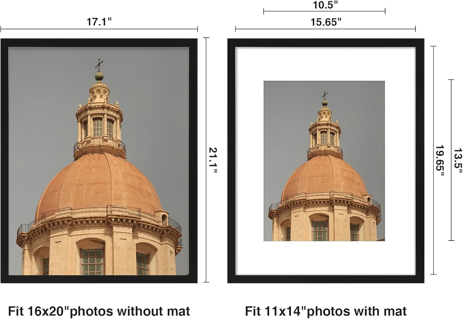 16X20 Picture Frame for Wall, Plexiglass, Displays Poster 11X14 with Mat or 16X20 without Mat, PVC Frame Material, Horizontal or Vertical Hanging, 1 Pack, Black