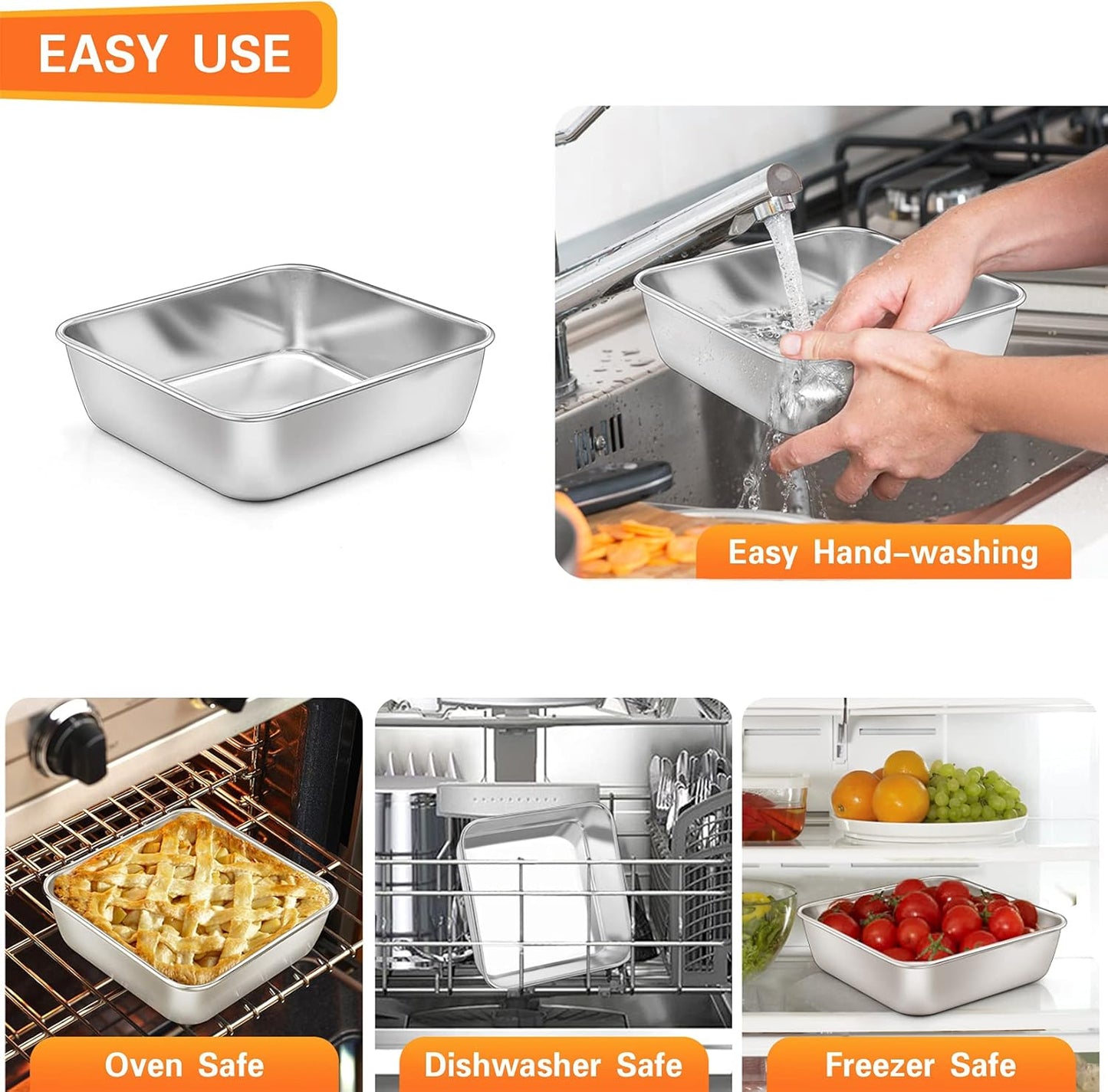 Square Baking Cake Pans, Small Stainless Steel Lasagna Brownie Pan for Birthday Cake Bread Pie, Non-Toxic & Durable, Smooth Rim & Leakproof, Oven & Dishwasher Safe, 6 Inch & 4 Pcs