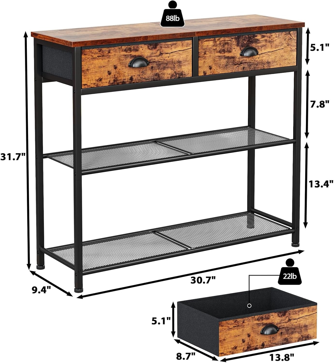 Console Sofa Table with Storage Shelf for Entry Way, Small 30'' Entryway Table with 2 Fabric Drawers, Industrial Display Shelves for Hallway, Entrance, Foyer, Rustic Brown