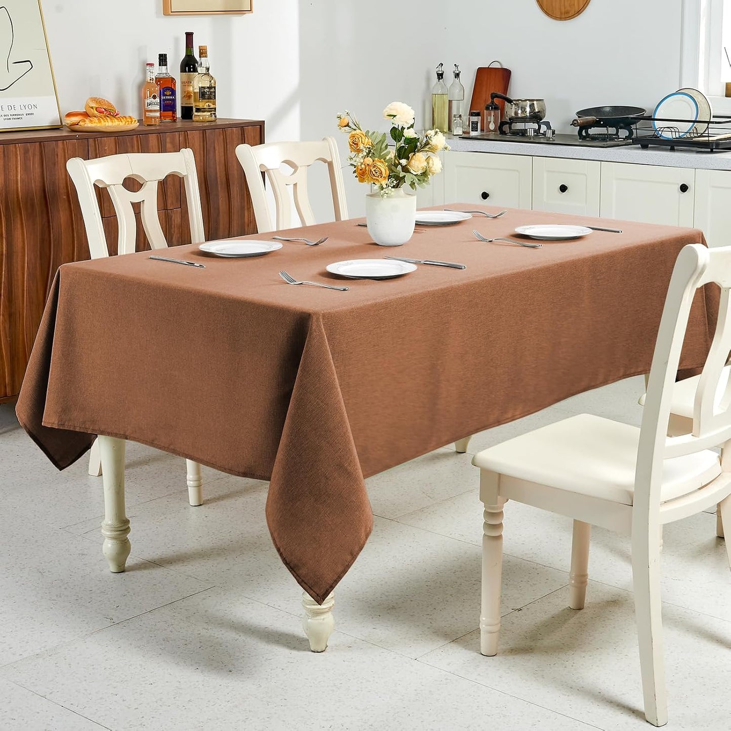 Textured Linen Table Cloth for Rectangle Tables - Coffee Tablecloths Rectangular Waterproof Wrinkle Free Wipeable Dining Table Cover for Spring Wedding Birthday Kitchen Decor, 52 X 70 Inch
