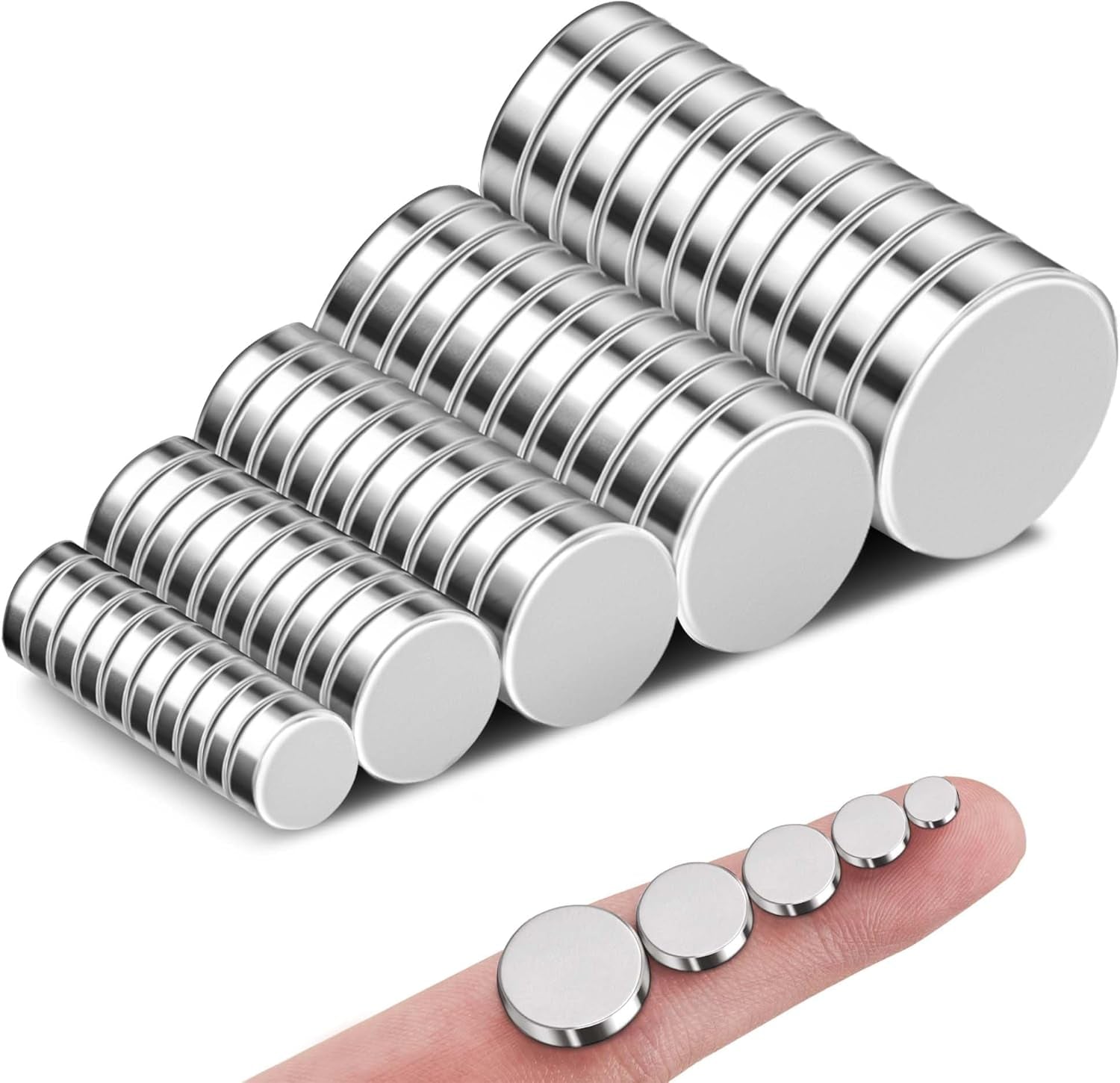 50 Pcs Rare Earth Magnets, 5-Size Small round Fridge Magnets, Multi-Use Premium Office Magnet for Fridge, Office, Whiteboard, Crafts, DIY Hobbies, Kitchen, Science(Silver)