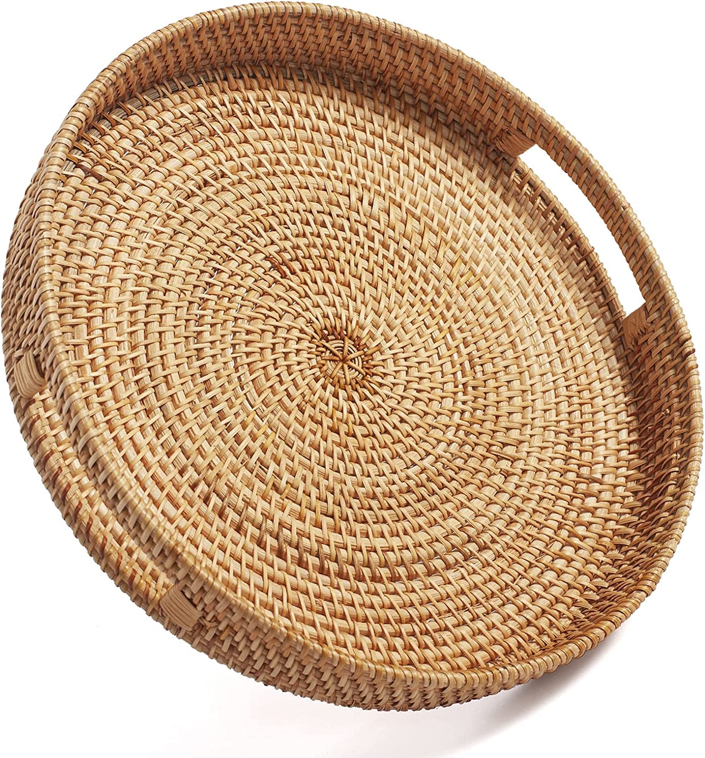 Coffee Table Tray round Rattan Ottoman Tray Woven Serving Trays with Handles for Home and Kitchen Decorative Natural (Large 14 Inch X 2.8 Inch)